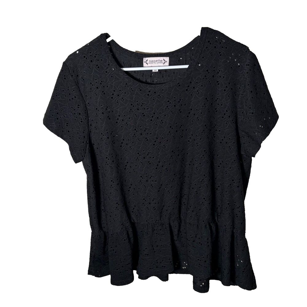 Nanette Lepore Blouse Women's Large Black Short Sleeve Eyelet Round Neck Top